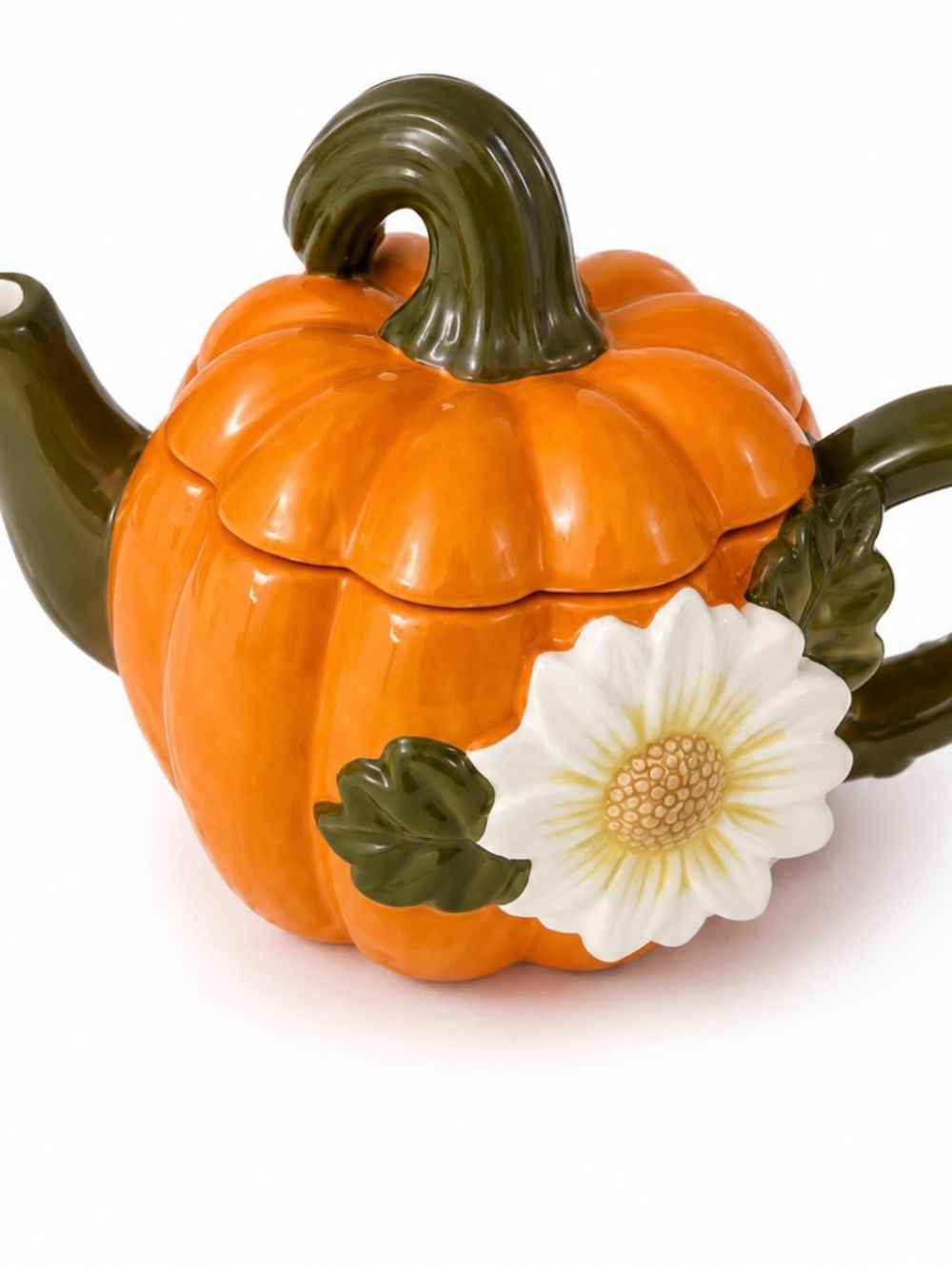 Ceramic Pumpkin Teapot with Daisy Accent - Orange & Green